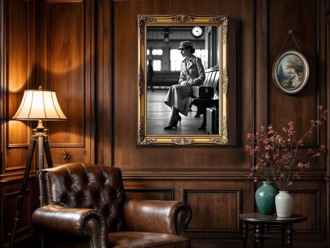 Woman In Trench Coat Waiting At A Vintage Train Station Poster - Image 5