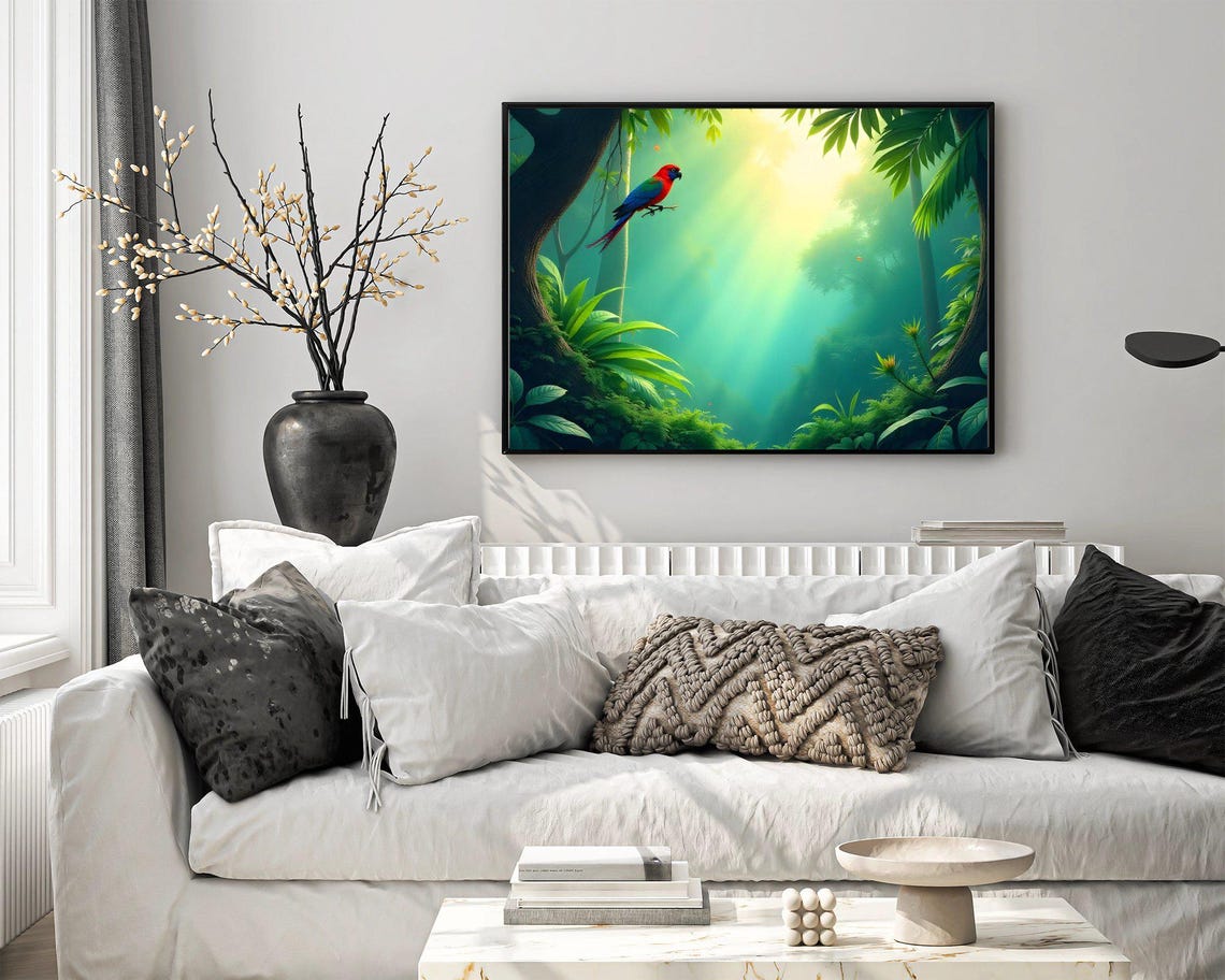 Colorful Parrot Perched in a Sunlit Tropical Rainforest Canopy Poster - Image 4