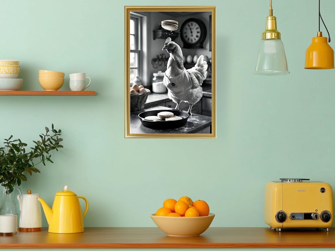 Chicken Chef Flipping Pancakes Rustic Kitchen Humor Art Poster - Image 3