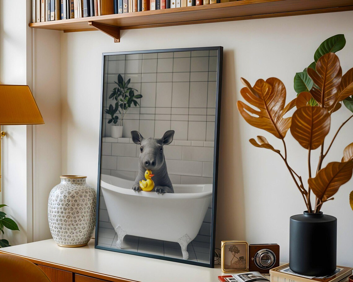 Baby Rhino in Bathtub With Yellow Rubber Duck Funny Art Poster - Image 4