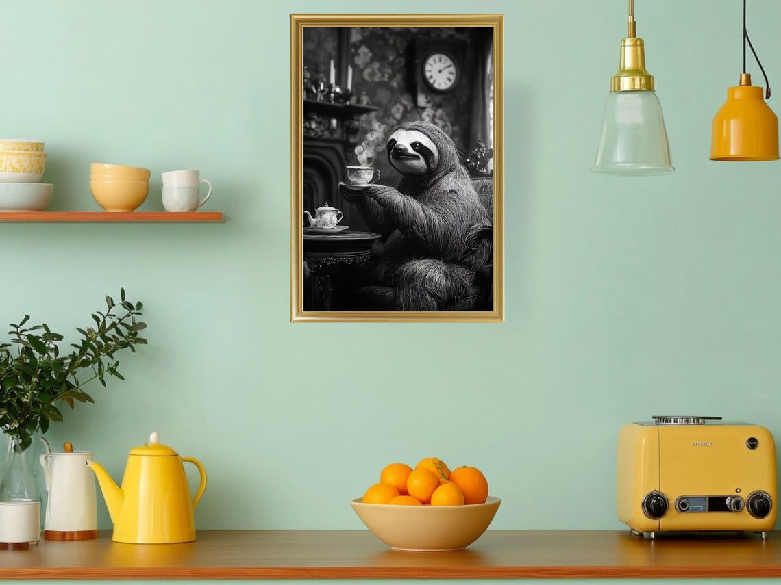 Sloth Enjoying Teatime Cute Black and White Animal Art Poster - Image 3