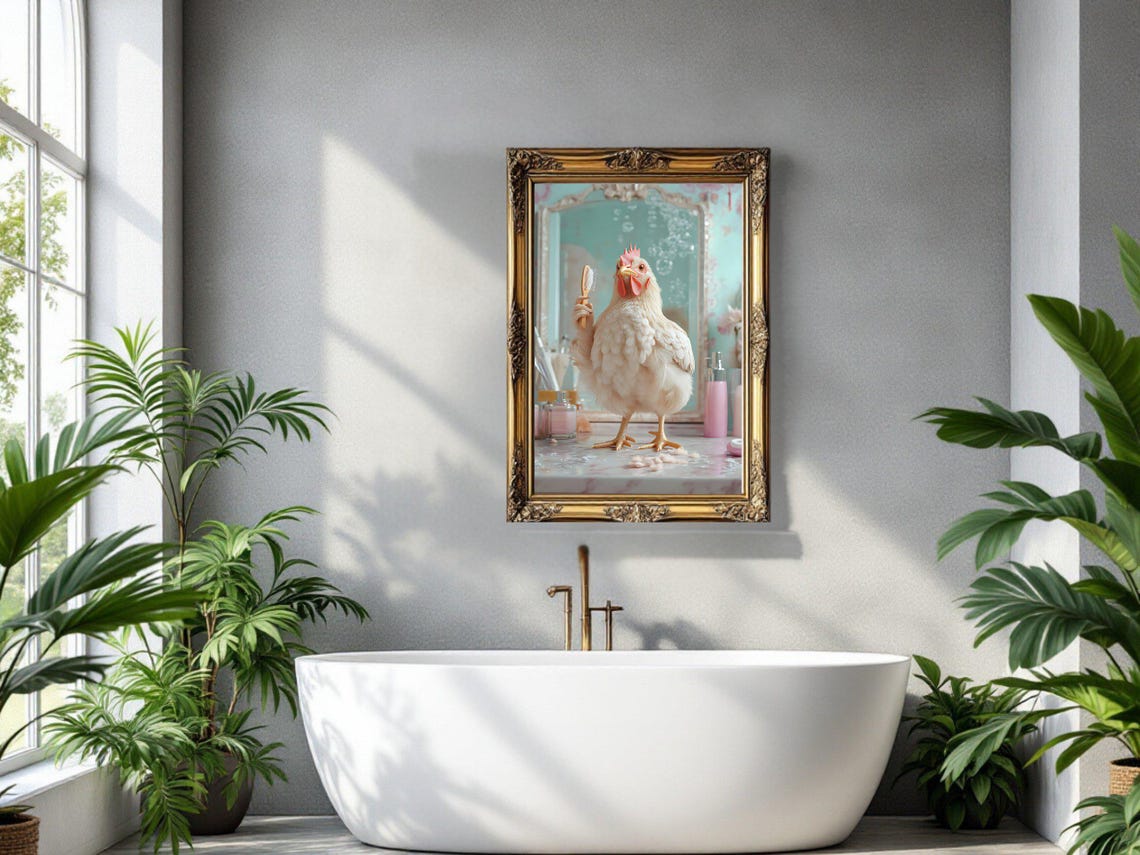 White Chicken Brushing Hair at a Vintage Bathroom Vanity Poster - Image 3