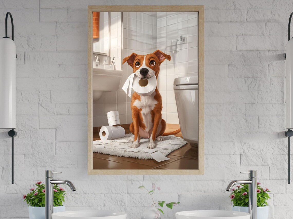Adorable Dog With Toilet Paper In Mouth Funny Bathroom Animal Poster