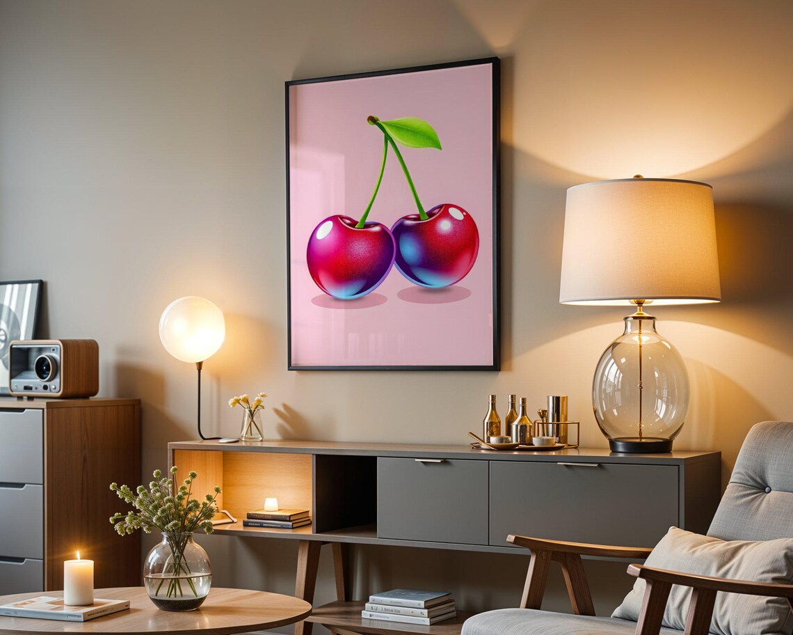 Cherry Wall Art Vibrant Cherry Artwork Modern Kitchen Decor Preppy Wall Art Bright Cherry Print Colorful Fruit Poster - Image 3