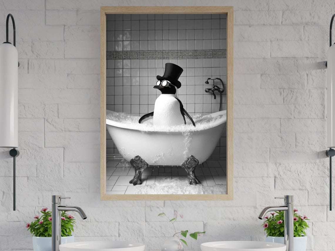 Dapper Penguin in Top Hat Relaxing in Bubble Bath Vintage Poster