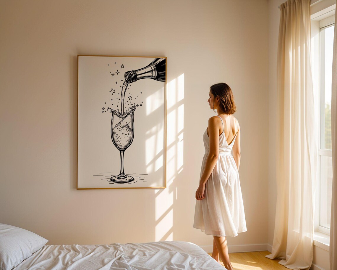 Champagne Bottle Pouring Into a Sparkling Flute Black and White Art Poster - Image 5