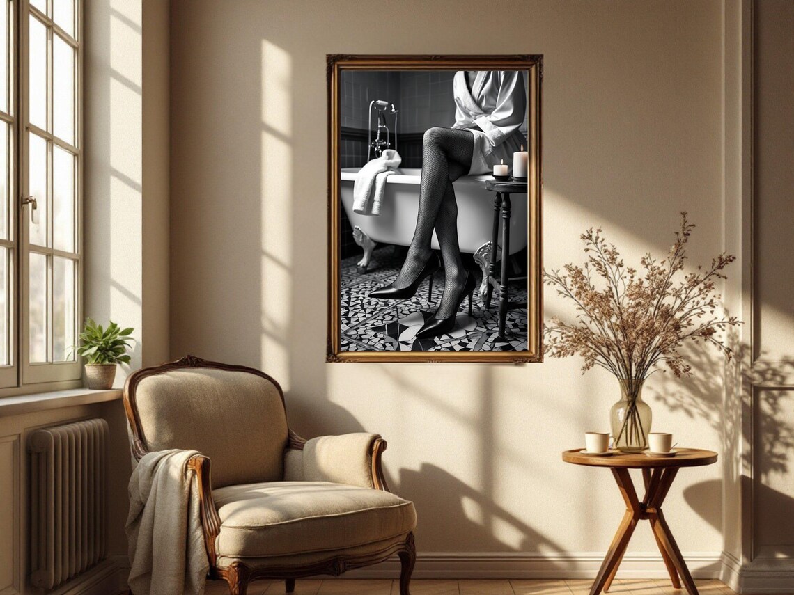 Woman In Fishnet Stockings And Heels Sitting On A Bathtub Poster - Image 2