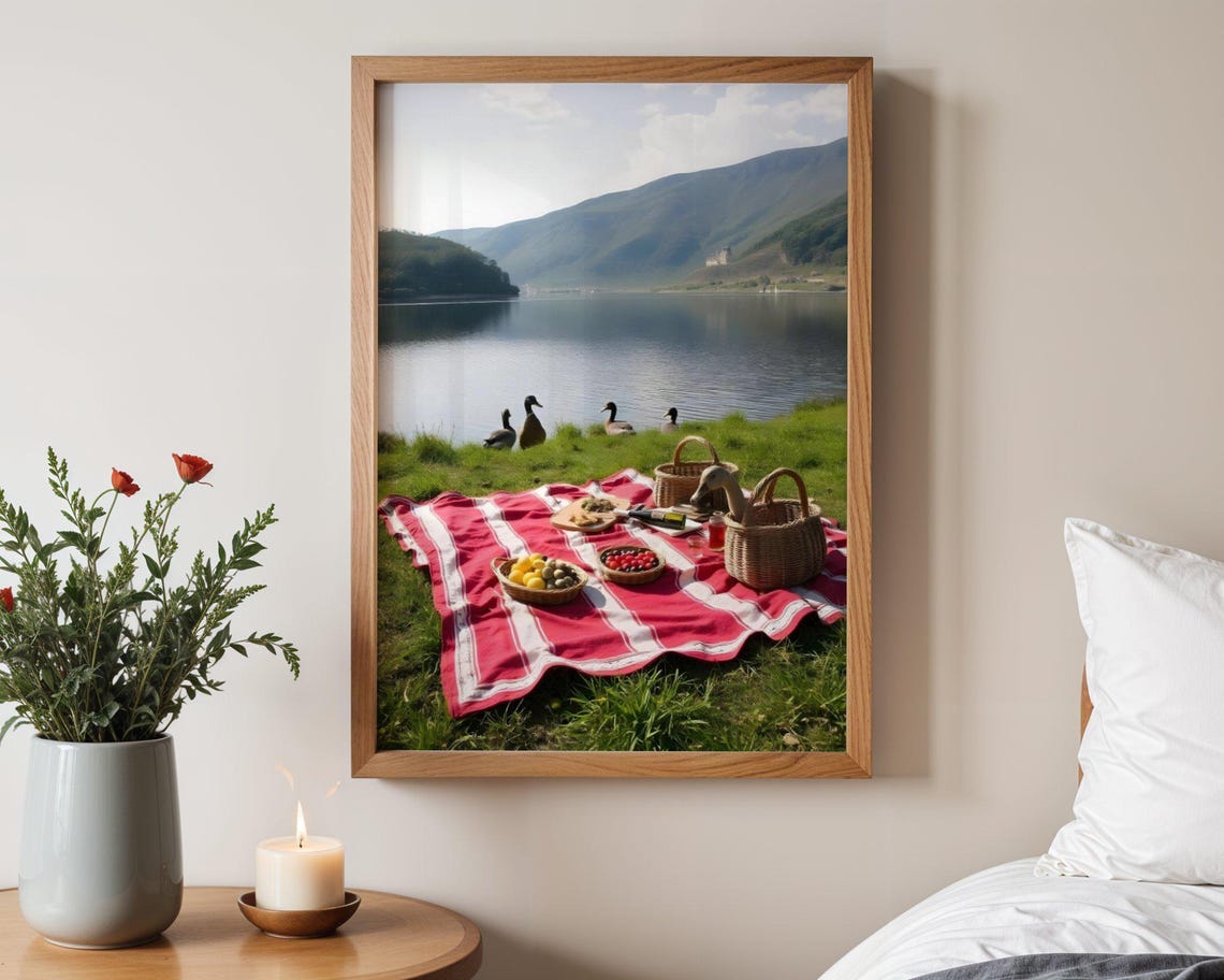 Lakeside Picnic Blanket With Baskets and Curious Ducks Poster