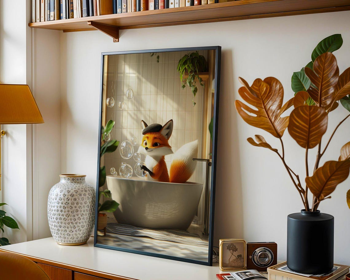 Cute Fox in Bubble Bath in Bright Sunlit Bathroom Art Poster - Image 4