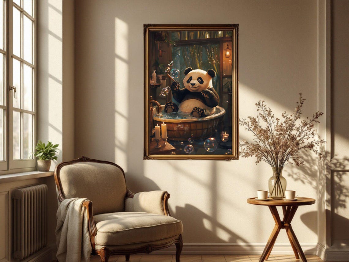 Sleepy Panda Relaxing in a Copper Bathtub Surrounded by Candles Poster - Image 4