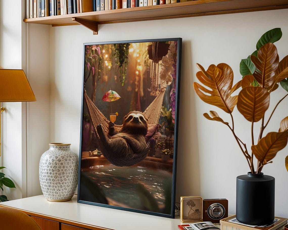 Sloth in a Hammock With Cocktail Over a Tropical Pool Poster - Image 4