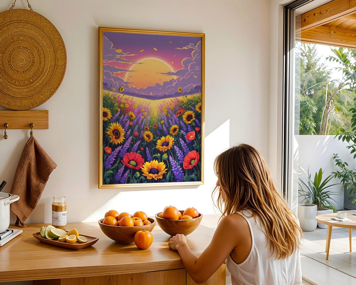 Sunset Over A Wildflower Meadow With Sunflowers And Lavender Poster - Image 2