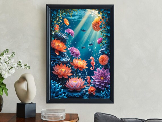 Underwater Flower Garden Wall Art Ocean Scene With Seahorses And Fish Colorful Floral Artwork Nautical Home Decor