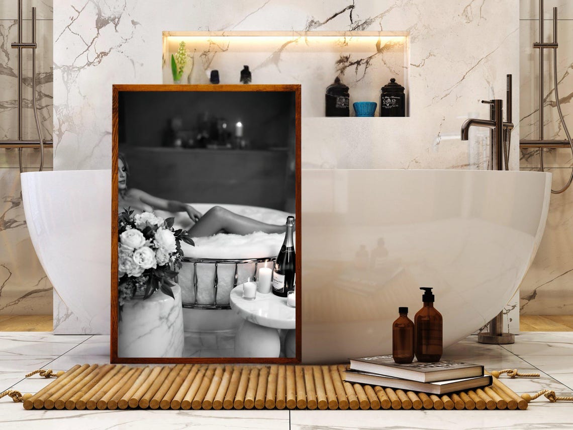 Woman Relaxing in Bubble Bath with Flowers and Champagne Poster - Image 4