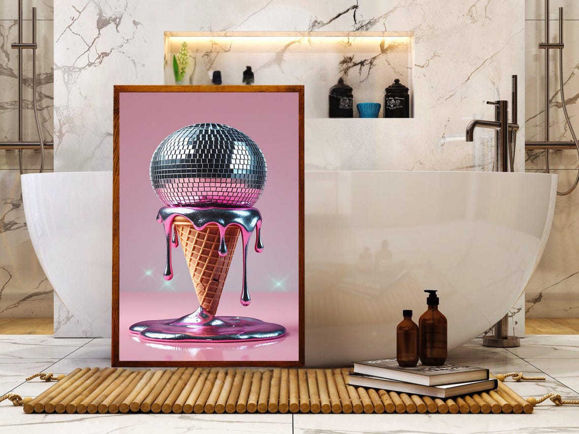 Disco Ball Ice Cream Cone Wall Art Fun Pastel Art Print Unique Ice Cream Decor Modern Art Poster 3d Ice Cream Print - Image 2