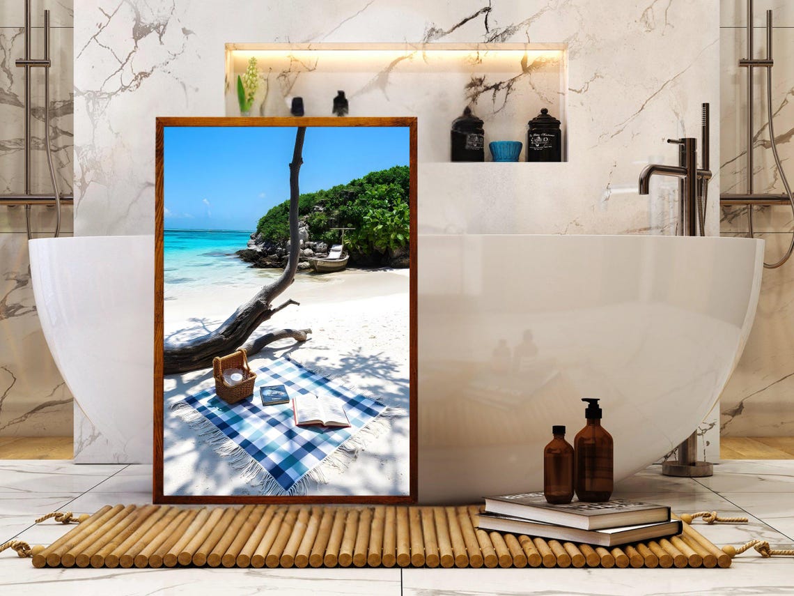 Beach Picnic Blanket Under Leaning Tree on Tropical Island Poster - Image 2