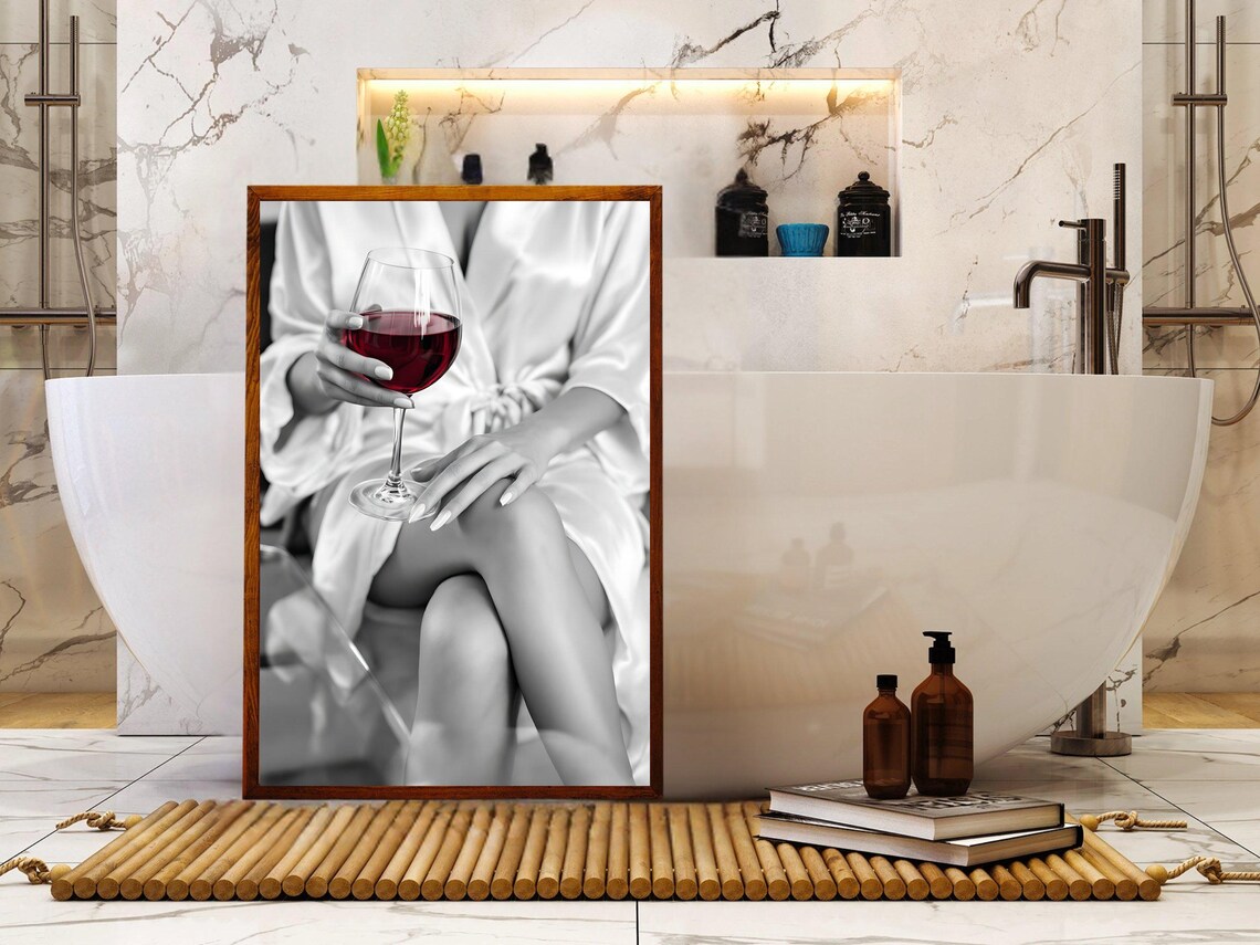 Woman in Silk Robe Holding Glass of Red Wine, B&W Photo Poster - Image 4