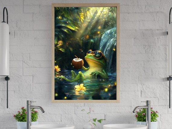 Relaxed Frog With Sunglasses Sipping Coconut by Waterfall Poster