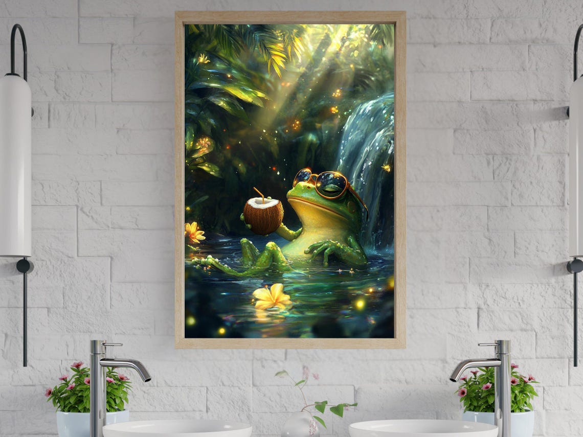 Relaxed Frog With Sunglasses Sipping Coconut by Waterfall Poster