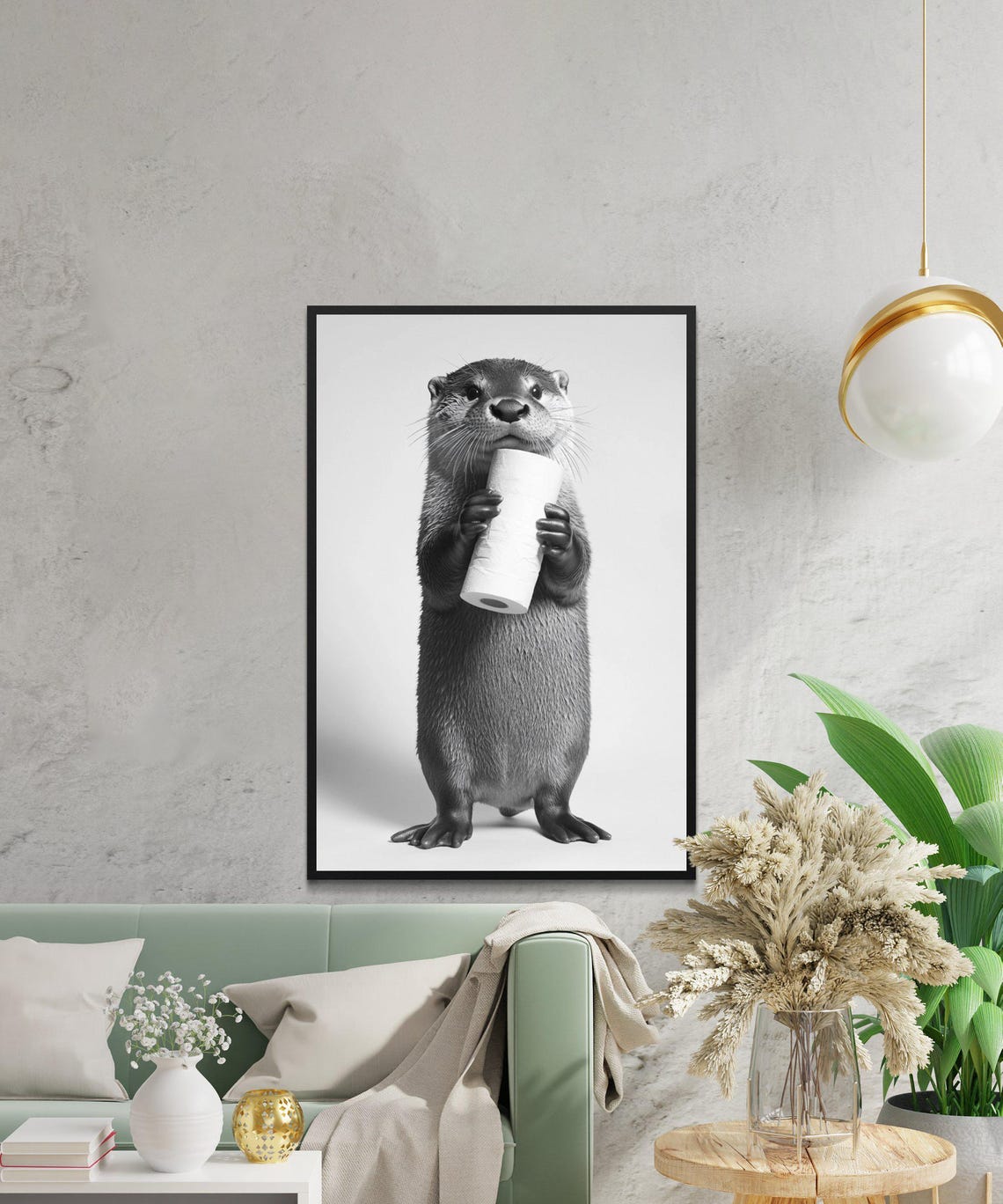 Otter Holding a Toilet Paper Roll Black and White Minimalist Poster - Image 2