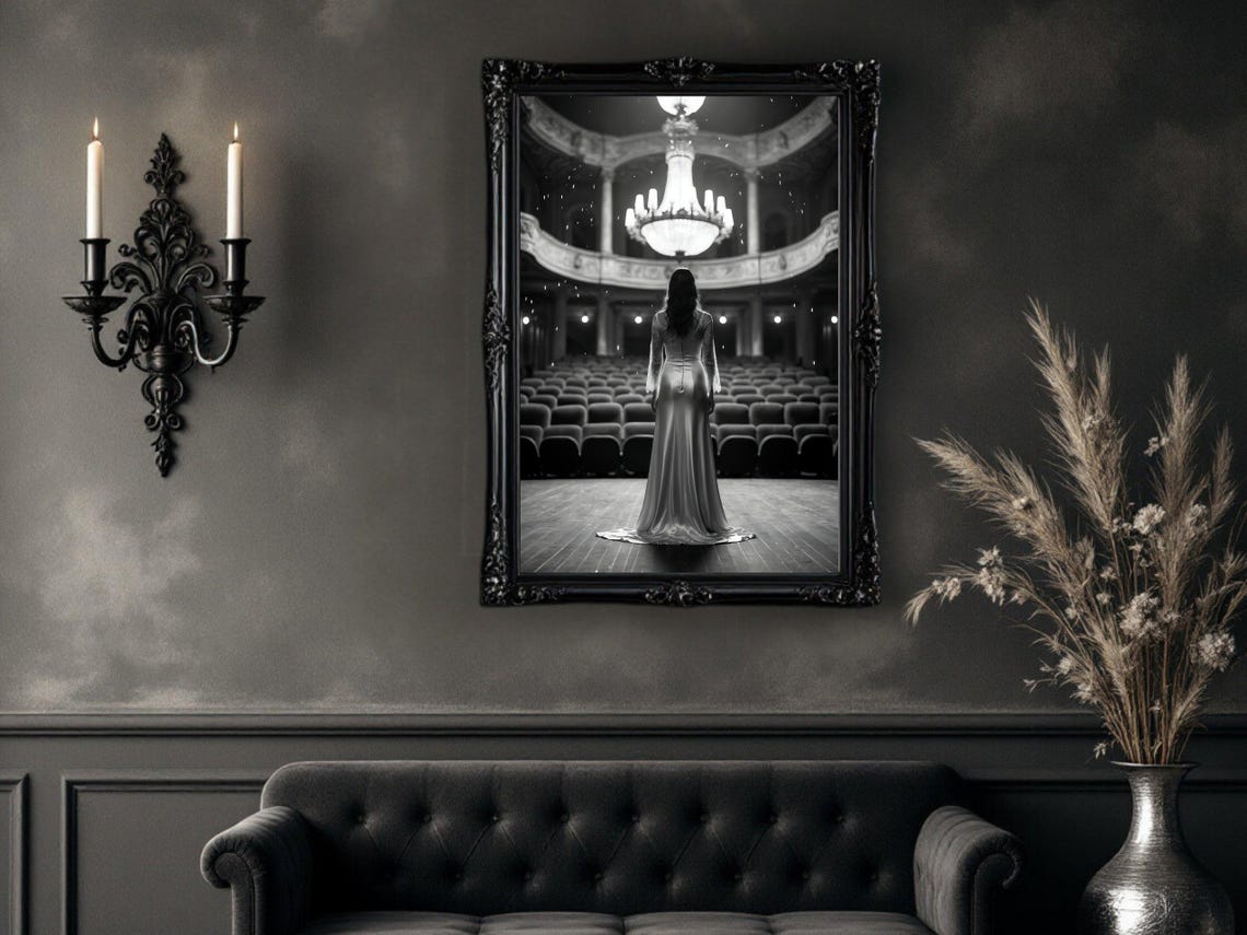Woman in Gown Facing Empty Theater Stage, Dramatic B&W Poster - Image 4