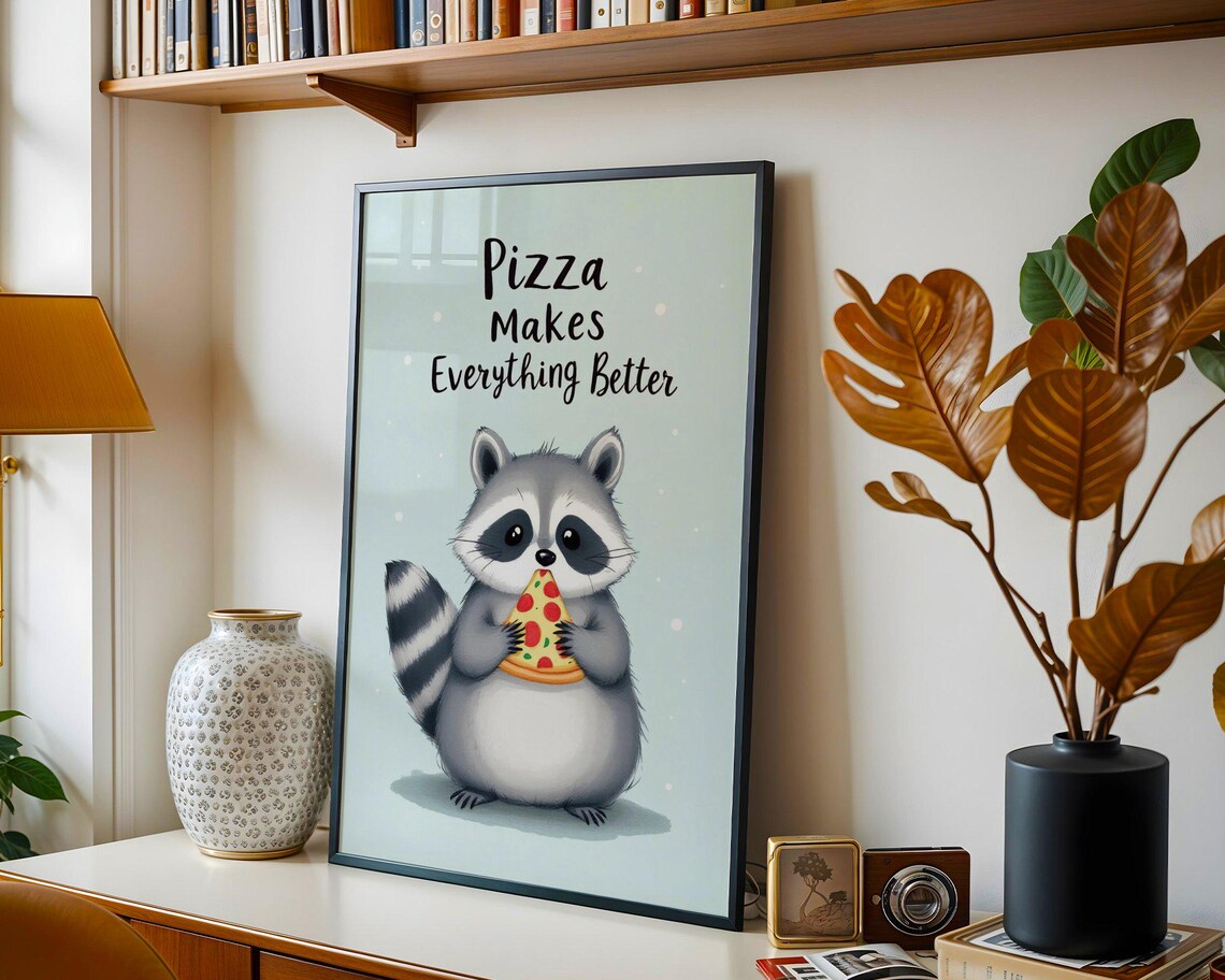 Pizza Makes Everything Better Cute Raccoon Funny Food Animal Art Poster - Image 3