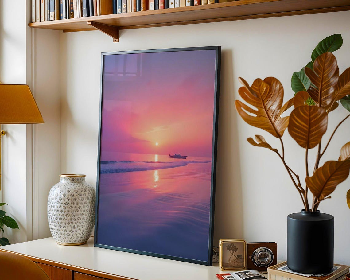 Soft Pink Ocean Sunset With Lone Boat On Calm Reflecting Water Poster - Image 3