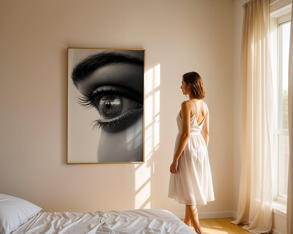 Woman's Eye Close-Up With a Disco Ball Iris Black and White Art Poster - Image 5