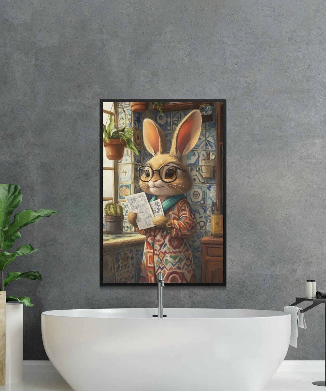 Bunny Architect with Glasses Reading a Blueprint in a Robe Poster - Image 2