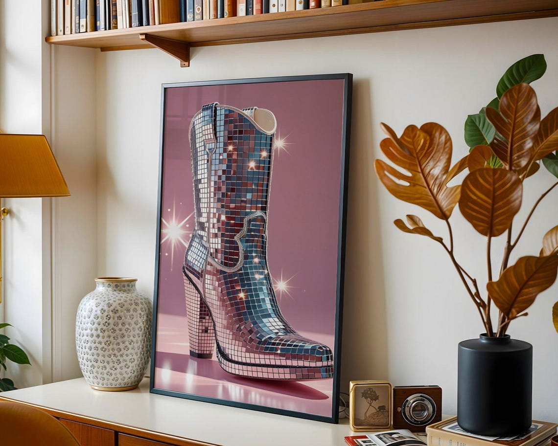 Sparkly Disco Ball Cowgirl Boot Wall Art Glamorous Western Decor Shiny Mirror Tile Boot Print Glittery Country Decor Poster - Image 5