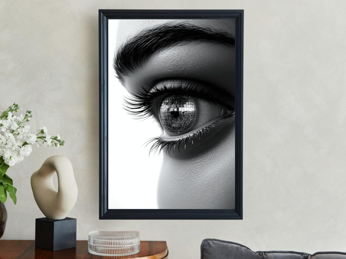 Woman's Eye Close-Up With a Disco Ball Iris Black and White Art Poster