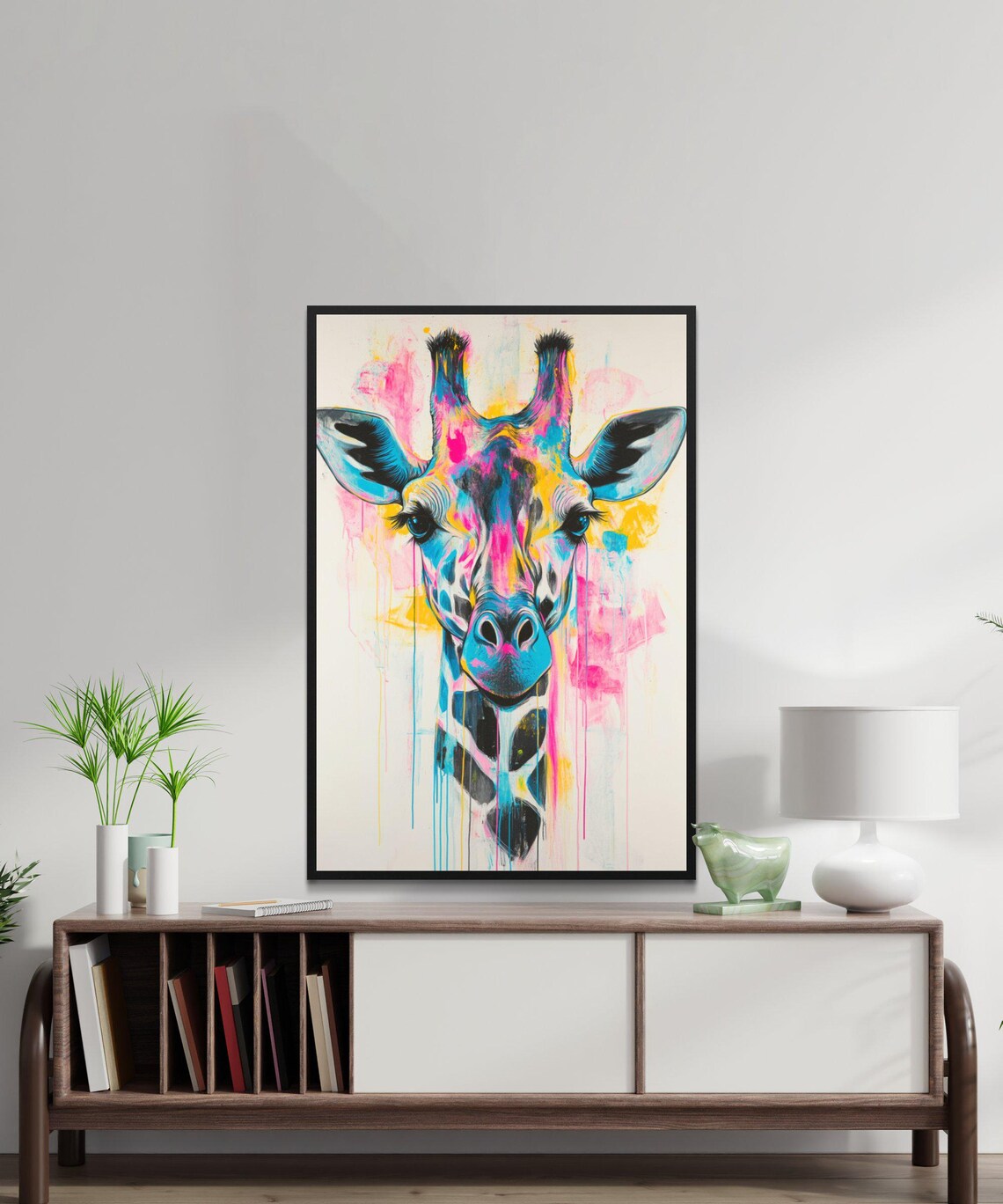 Vibrant Watercolor Splash Giraffe Portrait In Pink Blue And Yellow Poster - Image 5