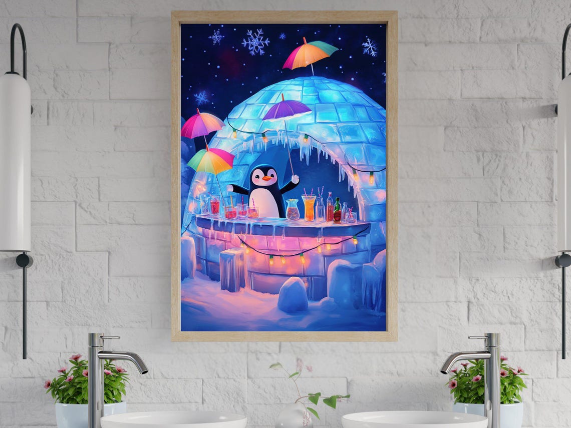 Penguin Bartender in a Glowing Blue Igloo Bar at Night Poster