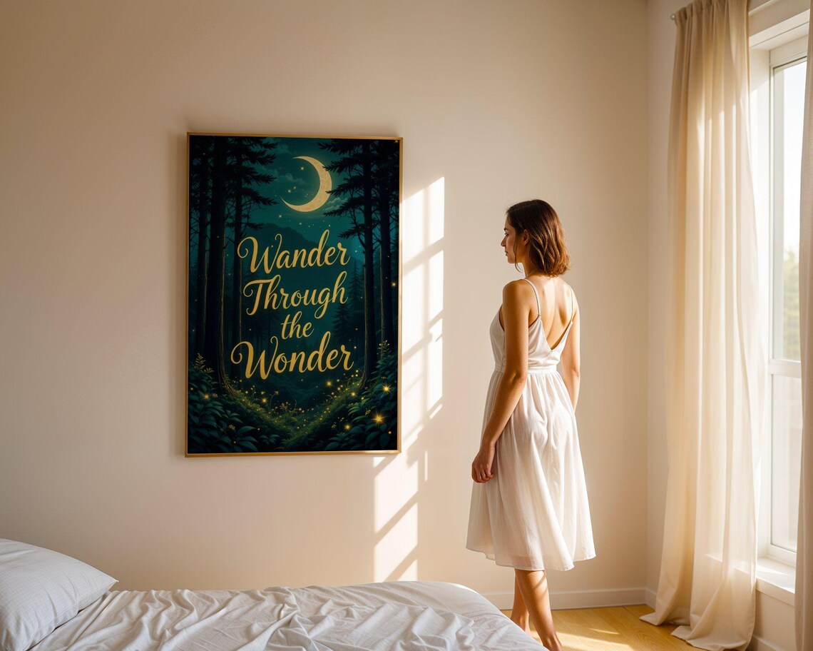 Moonlit Forest Art Wander Through The Wonder Inspirational Quote Wall Art Print Poster Home Decor - Image 5