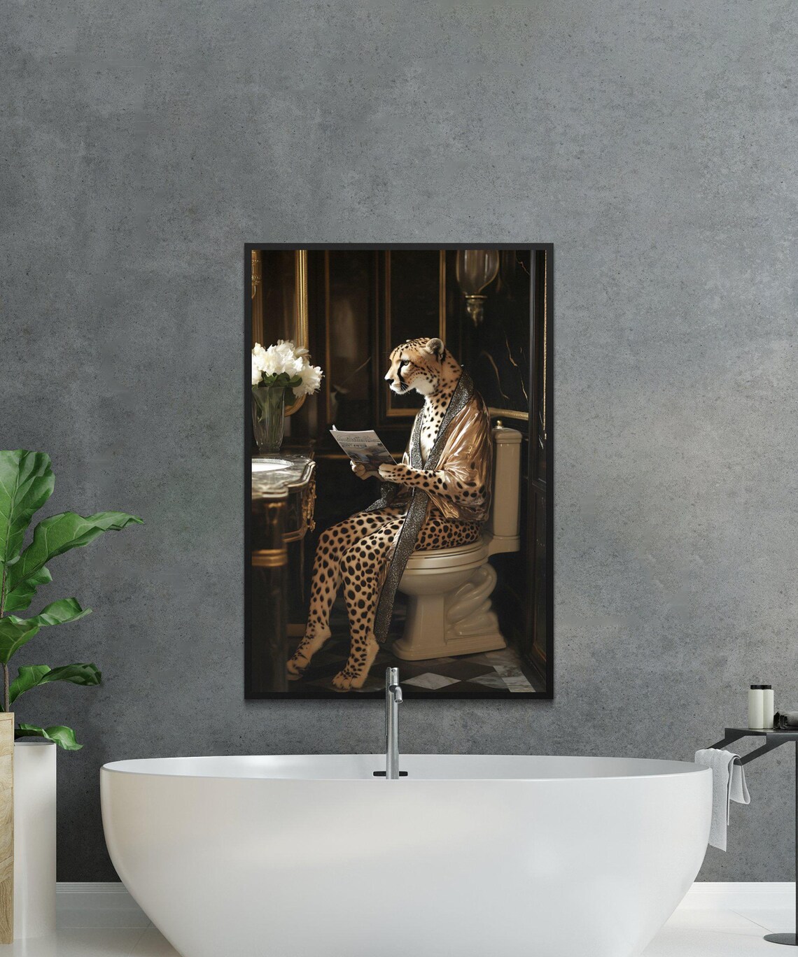 Elegant Cheetah in a Bathrobe Reading a Magazine on Toilet Poster - Image 2