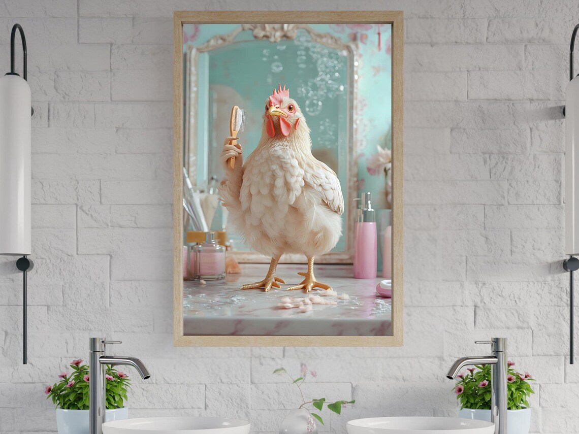 White Chicken Brushing Hair at a Vintage Bathroom Vanity Poster