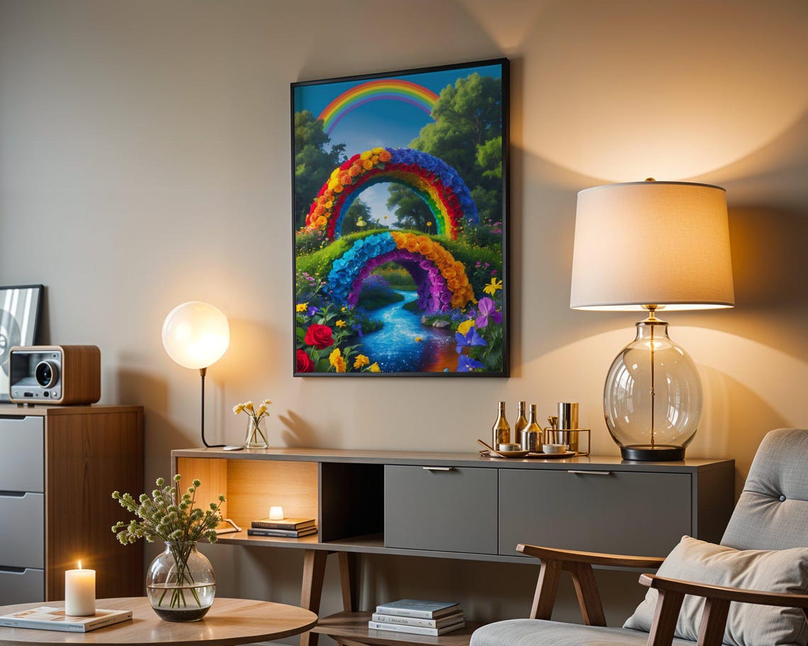 Rainbow Rose Arches Sparkling Stream Fantasy Garden Art Print - Image 3
