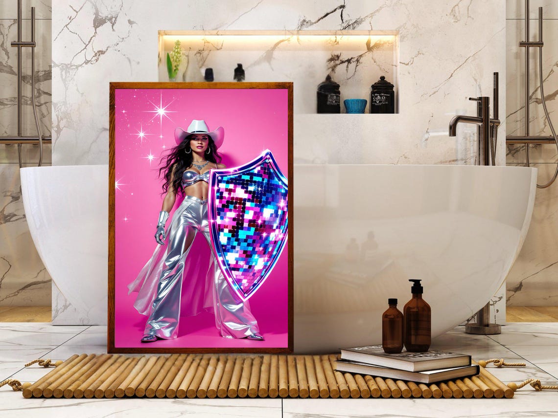 Retro Futuristic Cowgirl Wall Art Neon Shield Wall Decor Vibrant Space Theme Poster Unique Colorful Art Print For Home - Image 2