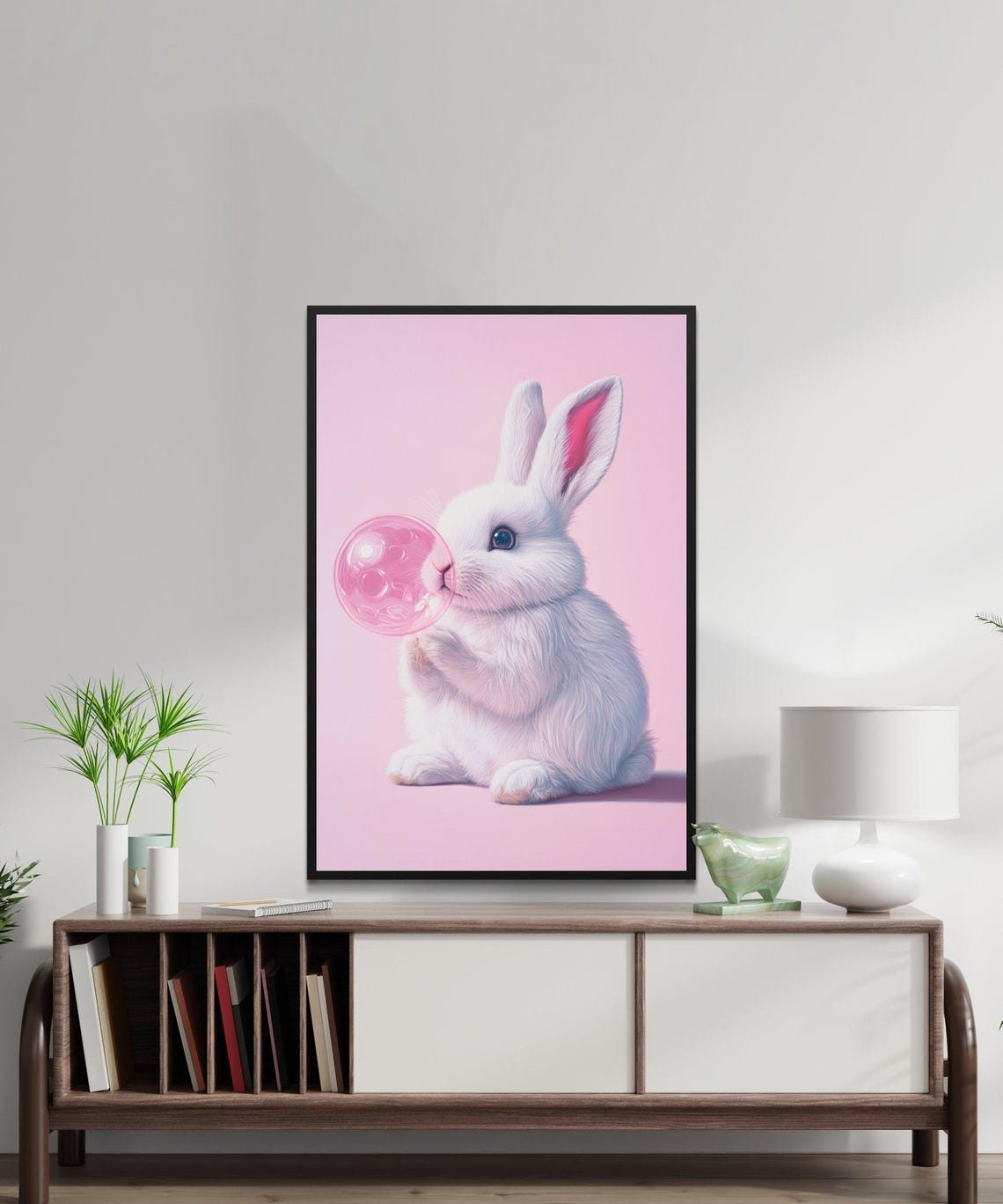 White Bunny Blowing Pink Bubblegum Bubble Pastel Kids Room Poster - Image 5