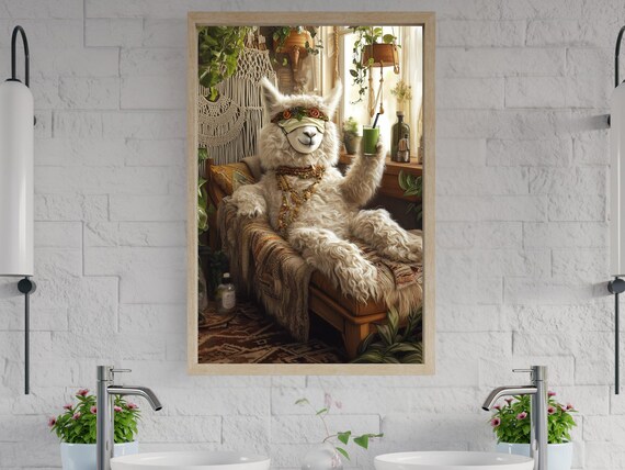 Boho Llama in a Sleep Mask Sipping a Green Smoothie at Home Poster