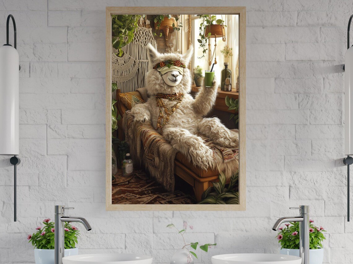 Boho Llama in a Sleep Mask Sipping a Green Smoothie at Home Poster