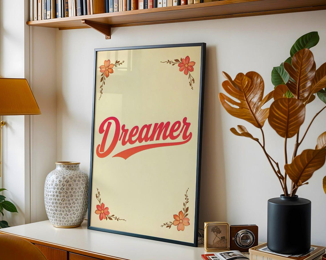 Dreamer Red Retro Script Floral Corner Inspirational Quote Poster - Image 5