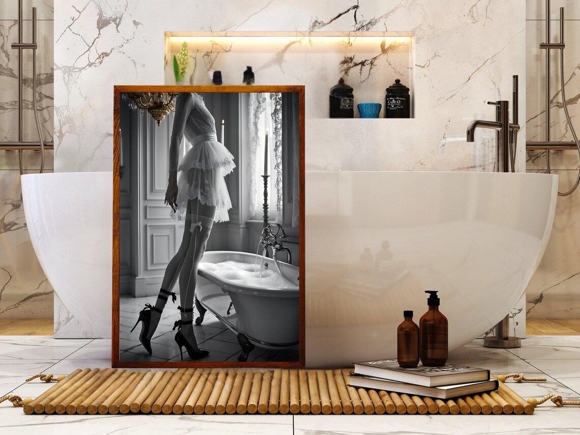 Woman In Short White Dress Walking Past A Clawfoot Tub Poster - Image 5