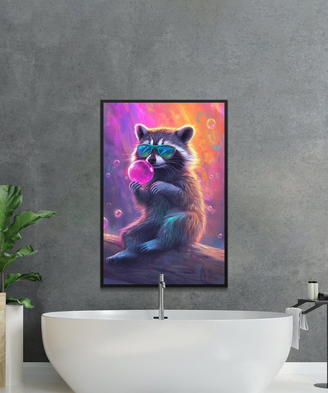 Raccoon In Sunglasses Blowing A Bubblegum Bubble In Neon Glow Poster - Image 4