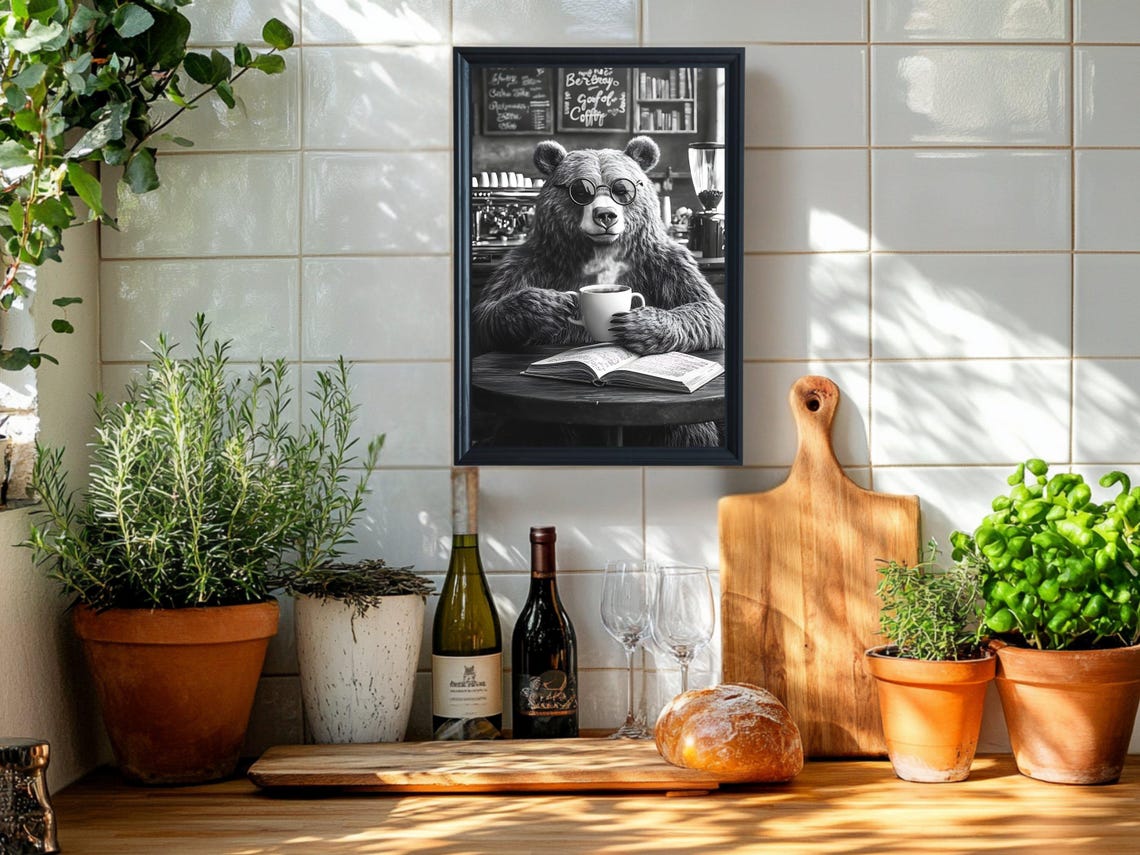 Cool Bear with Sunglasses Drinking Coffee in Black White Poster - Image 5