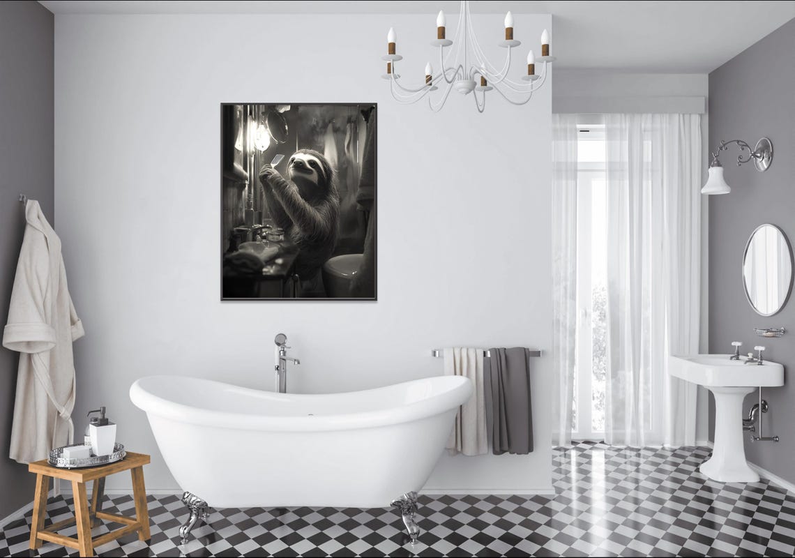 Sloth Brushing Its Teeth in a Vintage Bathroom Black and White Poster - Image 2