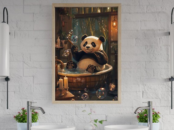 Sleepy Panda Relaxing in a Copper Bathtub Surrounded by Candles Poster