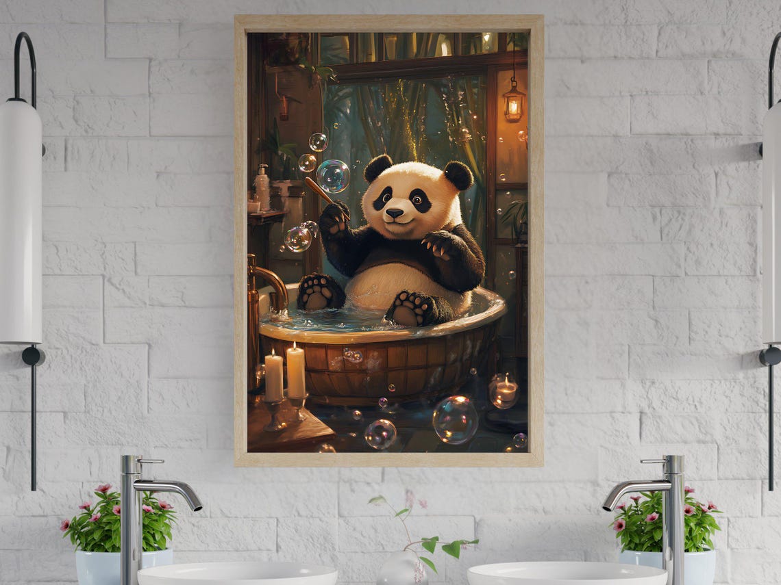Sleepy Panda Relaxing in a Copper Bathtub Surrounded by Candles Poster
