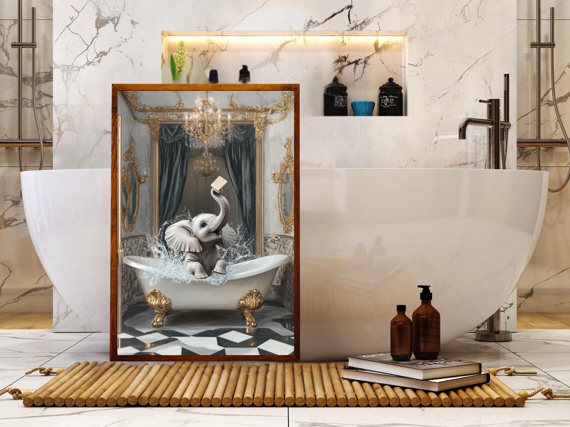 Baby Elephant Splashing in an Ornate Gold Clawfoot Tub Poster - Image 5