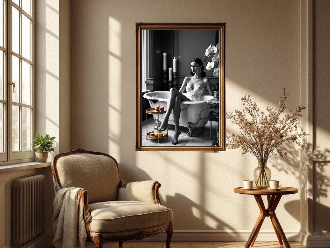 Elegant Woman In Marble Bathtub Wall Art Modern Bathroom Decor Luxury Home Interior Prints Feminine Art Prints Stylish Wall Decor - Image 2